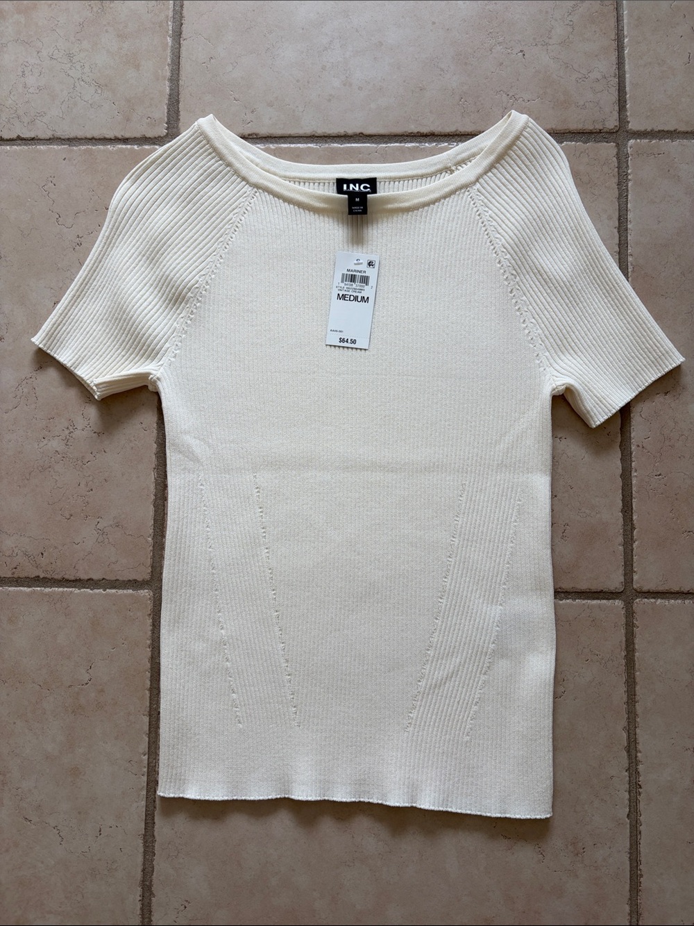 INC International Concepts Ivory Ribbed Short Sleeve Sweater Top